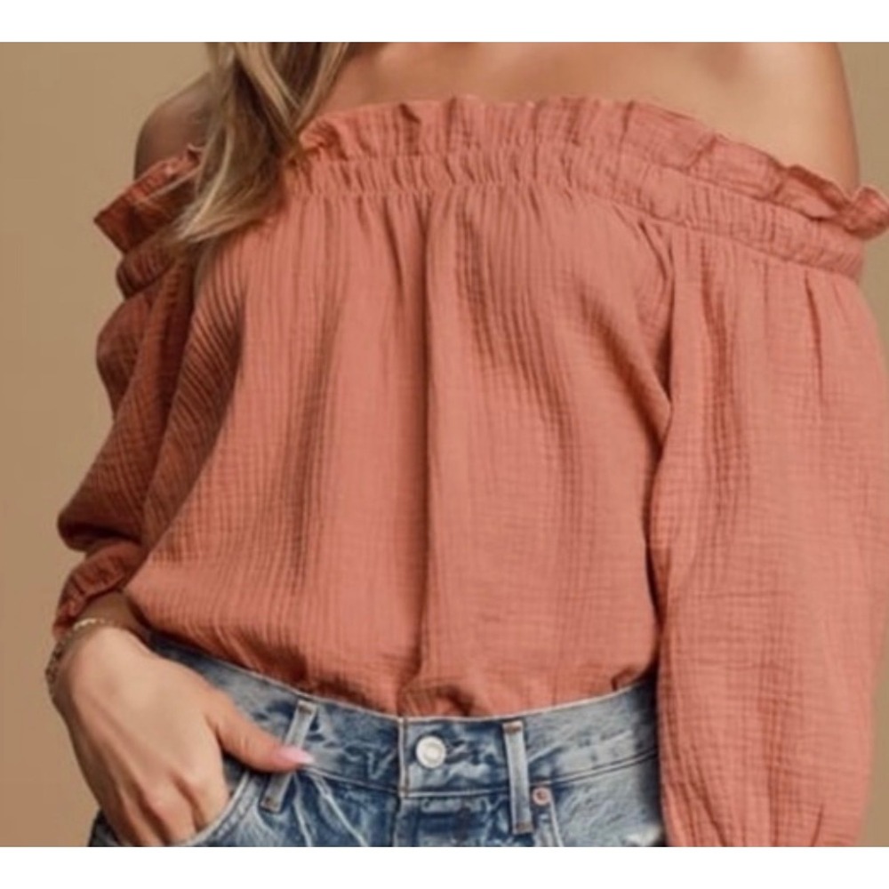 Lulus Womens Terracotta Rust Gauze Off The Shoulder Ruffle Top 100% Cotton NWT